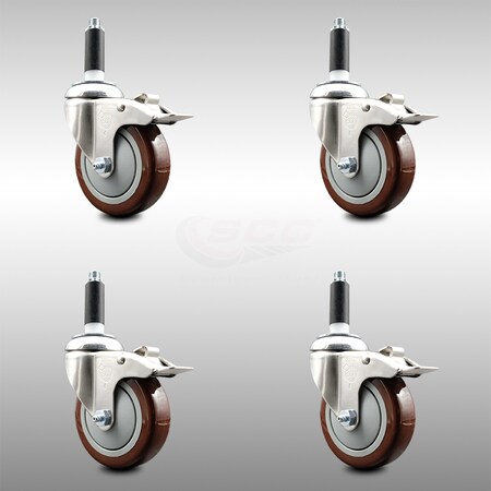 Service Caster 4 Inch 316SS Maroon Poly Swivel 7/8 Inch Expanding Stem Caster Set Lock Brake SCC-SS316TTLEX20S414-PPUB-MRN-78-4